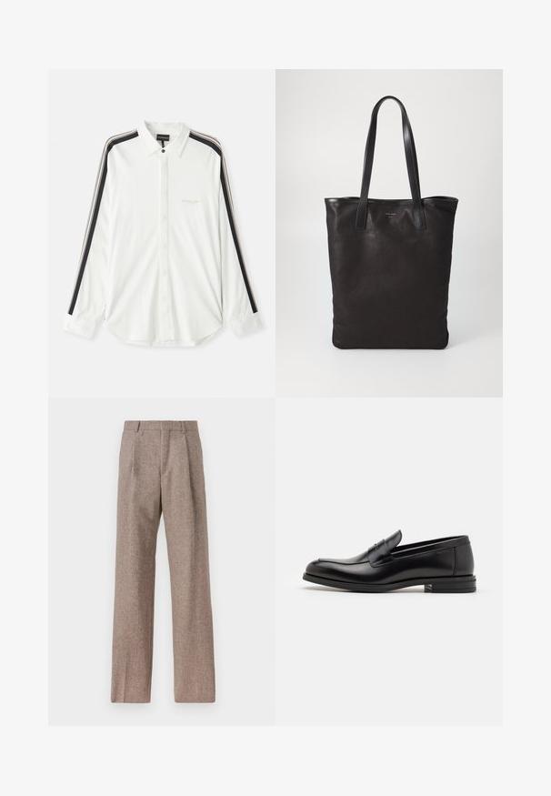 Biela košeľa na gombíky s čierno-bežovými pruhmi na rukávoch, špicatý golier a vyšívané logo značky na hrudi.; Hnedé, vysoké nohavice vyrobené z texturovanej látky. Majú široké nohavice a dva predné záhyby pre štruktúru. Úhľadné spracovanie bez viditeľného kovania.; Čierne kožené mokasíny s hladkou textúrou, zaoblenou špičkou a dekoračným pásikom cez priehlavok. Nízky vrstvený opätok, minimalistický dizajn.; Čierna plátená taška s čiernymi koženými ušami. Jednoduchý dizajn, priestranné telo a hladká textúra. Žiadne viditeľné logo ani vzory.