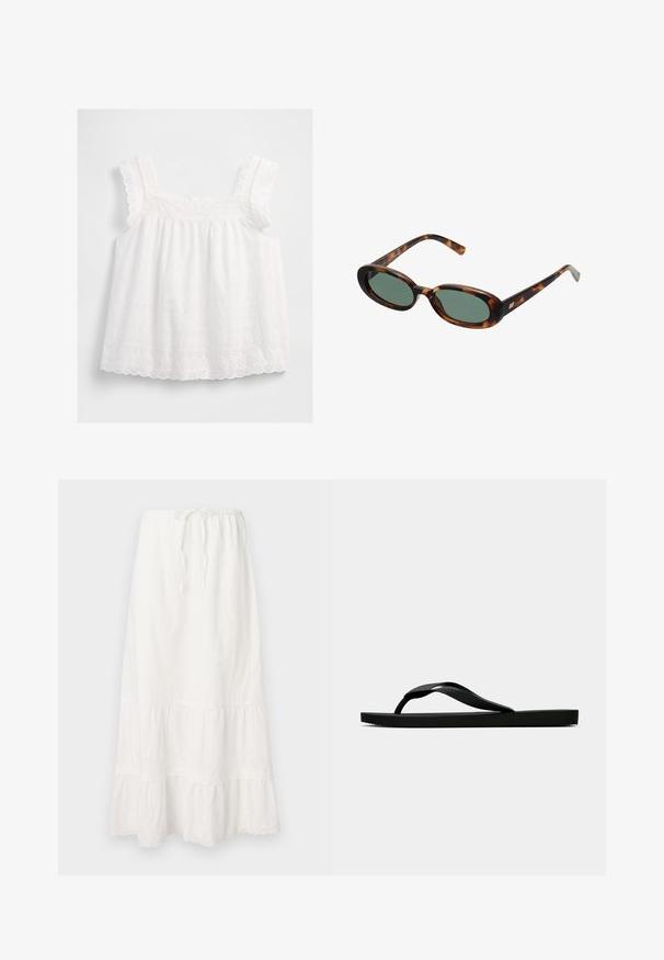 Haut sans manches blanc avec des bretelles volantées, des motifs floraux brodés et un ourlet festonné. Fabriqué en tissu léger avec une coupe ample.; Jupe longue blanche en coton avec une taille élastique et un cordon de serrage ajustable. Elle est composée de couches superposées avec une délicate dentelle en bas.; Tong sandale en caoutchouc noir avec une bride en T texturée et une semelle plate simple, montrée de côté sur un fond clair.; Lunettes de soleil en écaille de tortue avec des montures ovales et des verres verts. Elles présentent des branches fines avec un accent métallique près des charnières.