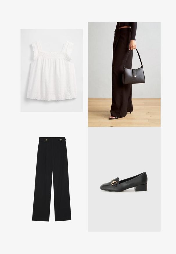 Biele bezrukávové tričko s volánovými ramienkami, vyšitými kvetinovými vzormi a zúženým lemom. Vyrobené z ľahkého materiálu s voľným strihom.; Čierne široké nohavice s vysokým pásom, so zapínaním na gombíky na páse a prednými sklady.; Čierne kožené mokasíny s plochým podpätkom, ktoré majú dekoratívny zlatý kovový detail vpredu a hladkú textúru.; Čierna kabelka so štruktúrovaným tvarom, hladkou textúrou a kovovou sponou. V kombinácii so širokými čiernymi nohavicami a sandálmi s otvorenou špičkou na drevenej podlahe.