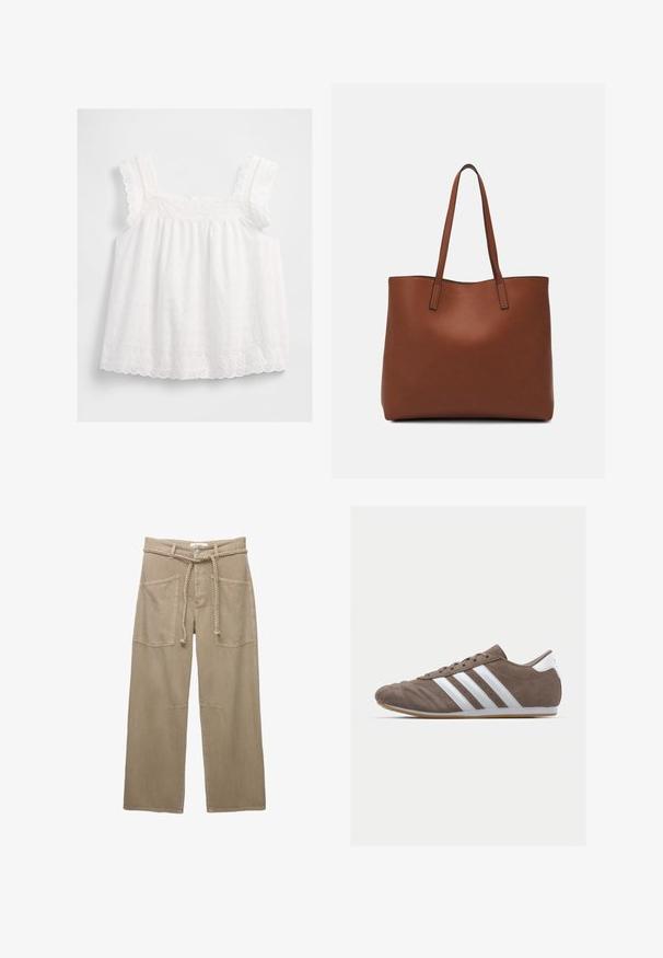 Top alb fără mâneci cu bretele din volănașe, cu modele florale brodate șijmălțat. Fabricat dintr-un material ușor, cu o croială lejeră.; Pantaloni largi bej, confecționați dintr-un material durabil, având buzunare mari în față, o curea împletită și detalii subtile de cusătură.; Pantof pentru sport din suede maro, cu dungi albe, vârf rotund, design cu șireturi și talpă din cauciuc natural. Suprafață texturată cu detalii de cusătură.; Geantă de umăr din piele maro cu o textură netedă, design cu vârf deschis și două curele pentru umăr. Prezintă cusături minime și fără componente metalice vizibile.