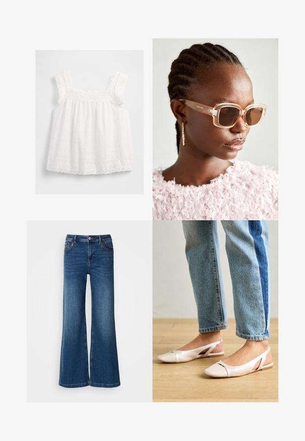 Balta bez piedurknēm topiņš ar viļņotiem siksniņām, izšūtām ziedu faktūrām un viļņotu apakšmalu. Izgatavots no viegla auduma ar brīvu piegriezumu.; Platām kājām džinsi tumši zilā džinsa audumā. Ietver piecas kabatas ar kontrastējošu dūrienu, metāla pogu un klasisku taisno griezumu.; Bālti rozā siksniņu dzīvokļi ar smailu purngalu, izgatavoti no gludas ādas līdzīgās materiāla. Iezīmē izgriezumu detaļas sānos un platu papēdi.; Beige pārspīlētas saulesbrilles ar caurspīdīgu rāmi un brūnām tonētām lēcām, ar smalkām ziedu akcentiem un izteiksmīgu ģeometrisku dizainu.