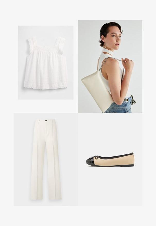Hvit ermeløs topp med volanger på stroppene, broderte blomsterdesign og bølget kant. Laget av lett stoff med løs passform.; Hvite, vide bukser med høy midje, med to frontplisser, enkel knappelukking og lommer. Glatt stoffstruktur.; Ballettflats med en beige lærkropp og en blank svart lakkedetail på tåen. Har en liten sløyfe foran. Flatt såle.; Hvit rektangulær clutch-veske laget av blankt materiale, med en sølvkjede-stropp. Modellen poserer og viser vesken mot en ensfarget bakgrunn.