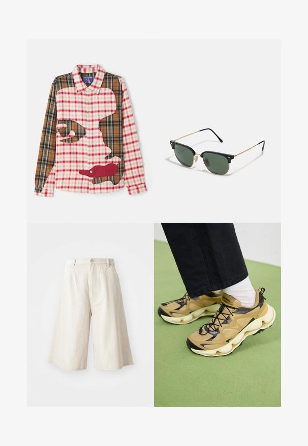 Cămașă cu mâneci lungi, cu un model de carouri roșii și maro, aplicată cu un contur mare al feței și închidere frontală cu nasturi.; Șorturi largi bej din bumbac, cu croială dreaptă, buzunare frontale și închidere vizibilă cu nasture la talie.; Adidași maron și negri cu partea superioară din plasă, talpă albă masivă, șireturi negre și buclă de prindere. Logo-ul GORE-TEX vizibil pe lateral.; Ochelari de soare cu lentile verzi, ramă superioară din plastic negru, accente metalice aurii și brațe subțiri din plastic negru. Prezintă un design distinctiv al punții.