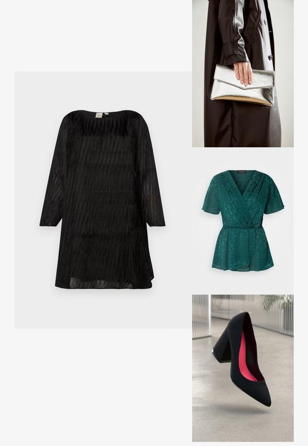 Miętowy, lekki top z krótkim rękawem, zdobiony kwiatowymi wzorami, z dekoltem w serek i paskiem do związania w talii.; Czarna sukienka z rękawami do trzech ćwiartek, wykonana z przezroczystego materiału z pionowymi teksturowanymi paskami i okrągłym dekoltem.; Czarna szpilka o spiczastym nosie, z teksturowaną powierzchnią i intensywnie różowym wnętrzem. Posiada masywny obcas z srebrnym akcentem.; Srebrna metaliczna kopertówka o kształcie kątowym, gładka w dotyku, z kontrastowym kolorem wewnątrz, trzymana w ręce noszącej czarny płaszcz.