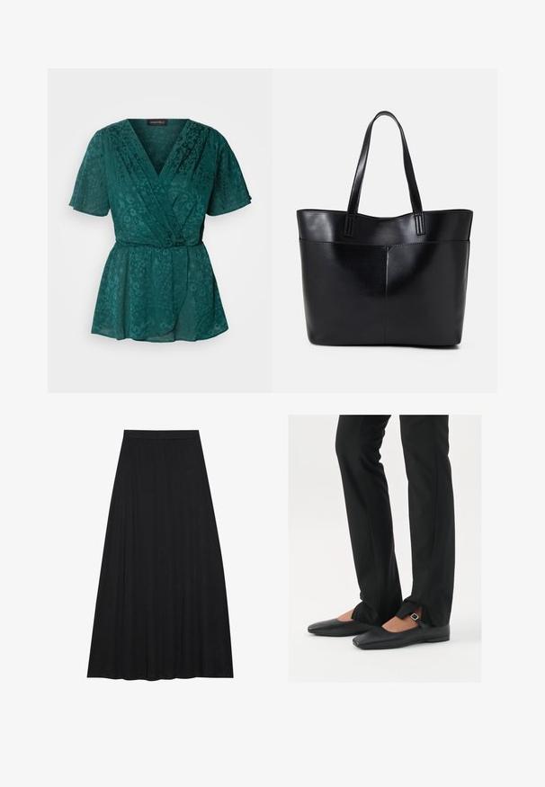 Teal krāsas gaisīgs apakšsvārks ar īsām piedurknēm, ar ziedu rakstu, V veida dekoltē un saitētiem jostas galiem.; Melnā maxi svārki, izgatavoti no maiga, plūstoša auduma. Tam ir elastīga josta un pilna, A-līnijas siluets ar gludu tekstūru.; Melni ādas baleta zābaki ar smailo purngalu, siksniņa ar sudraba sprādzi, kombinēti ar melniem tailētiem biksēm ar šķēluma apakšdaļu.; Melnas ādas iepirkumu soma ar divām garām rokturām, gludu tekstūru un strukturētu formu. Iekļauj priekšējo kabatu papildu uzglabāšanai.