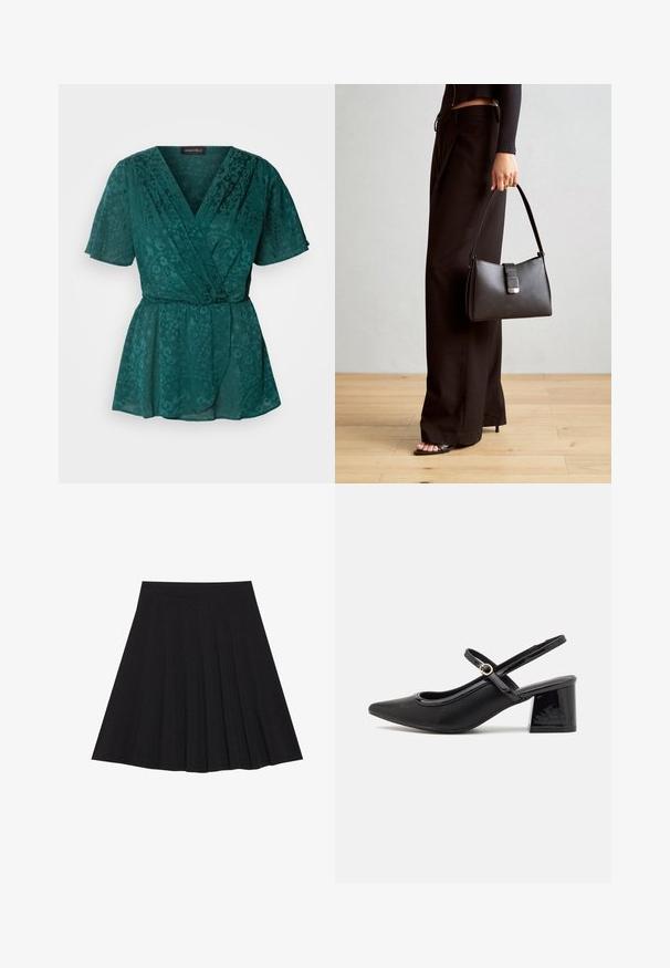 Turkizna, lahka bluzica z zavihki in kratkimi rokavi, okrašena s cvetličnimi vzorci, z v-izrezom in pasom na vozu.; Črna plisirana krila iz strukturiranega materiala s prilegajočim pasom. Segajo do kolen in ponujajo gladko, čisto silhueto.; Črne patentne usnjene salonarce s slingback obliko, s koničastim nosom, zaobljenim izrezom in blok peto. Imajo zlato kovinsko zaponko kot dodatno okrasje.; Črna torbica z strukturirano obliko, gladko teksturo in kovinskim zaponko. Ujemajo se z širokimi črnimi hlačami in odprtimi sandali na lesenem tleh.