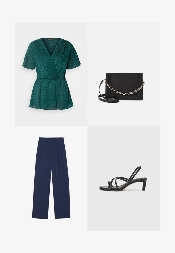 Teal színű, könnyű, rövid ujjú batikolt felső, virágmintákkal, V-kivágással és derékon megkötős övvel.; Sötétkék, bő szárú nadrág puha anyagból, elől redőkkel, sima textúrával, egyenes szabással, látható zsebek nélkül.; Fekete pántos szandál négyzetes orral és alacsony blokk sarkal. Több vékony pánttal és állítható boka pánttal rendelkezik. Sima bőrből készült.; Fekete bőr keresztpántos táska, sima textúrával, téglalap alakú és fém lánc részlettel az elején. Állítható pánttal ellátva.