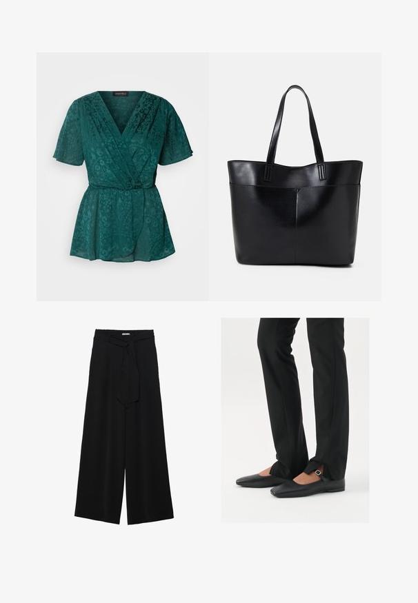 Kergest teal tooniga top, millel on lühikesed varrukad, lillemustrid, v-kujuline kaelus ja vöörihm puusa kohal.; Mustad laiad püksid, millel on tekstureeritud kangas, elastne vöökoht ja eemaldatav pael vööst, et reguleerida sobivust.; Mustadast mustast nahast balletkingad terava ninaga, millel on rihm hõbedase klambriga, kokku sobitatud mustade ülikondpükstega, millel on lõhiku serv.; Must mustaga musta nahast, millel on kaks pikka kanda, sile tekstuur ja struktureeritud kuju. Esipoolsel on lisakoti jaoks tasku.