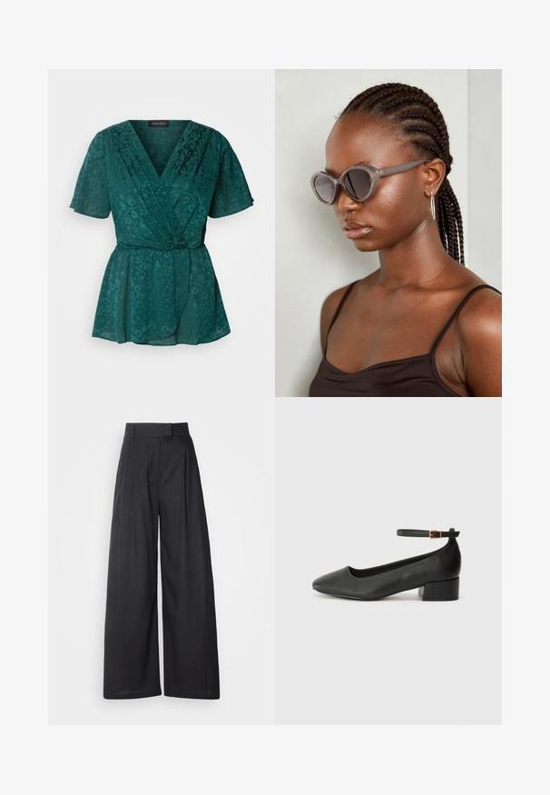 Teal, lett og lett omslagstopp med korte ermer, med blomstermønster, V-hals og en knyteliv på midjen.; Mørke, vide bukser med struktureret talje og læg. Fremstillet af letvægtsstof, der har en glat tekstur og ingen synlige mønstre.; Sorte skinnpumper med spiss tå og lav blokkhelt. Har ankelrem med gullfarget spenne. Glatt tekstur.; Grå, overdimensjonerte solbriller med rund form og mørke linser. Slank plastikkramme med glatt overflate. Modellen har flette.