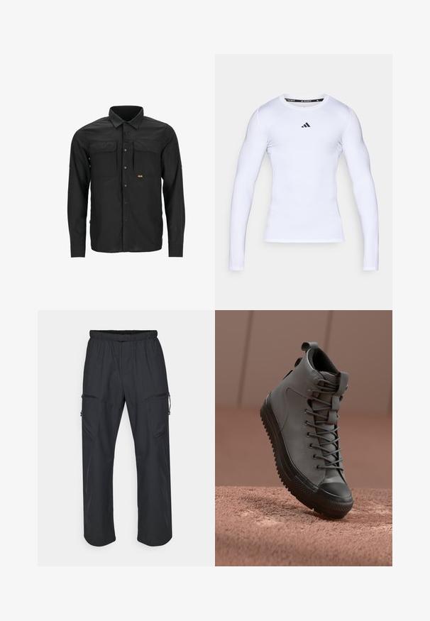 Zwarte langemouwen shirt van lichtgewicht stof, met twee borstzakken, knoopsluiting en een gestructureerd patroon over het oppervlak.; Witte langarm sportshirt gemaakt van rekbare stof, met een ronde halslijn en een zwart Adidas-logo op de borst.; Zwarte cargo broek met een elastische tailleband, twee ritszakken en een lichte, zachte stofstructuur.; Hoge sneaker van grijs leer met een gestructureerde afwerking, zwarte rubberen neus en grijze veters. Beschikt over een trekkoord aan de hiel.