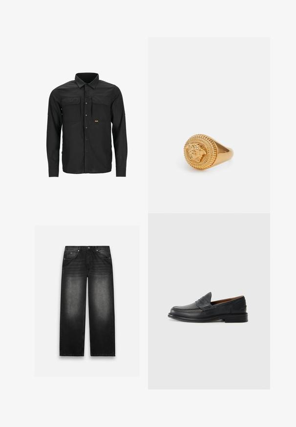 Camicetta nera a maniche lunghe realizzata in tessuto leggero, con due tasche sul petto, chiusura a bottoni e un motivo testurizzato sulla superficie.; Polo shirt verde scuro in cotone con maniche corte, abbottonatura a tre bottoni e logo "Yale" ricamato sul petto sinistro.; Jeans in denim nero con un design a gamba larga. Presentano cinque tasche, un leggero sbiadimento e cuciture robuste. Chiusura con bottone e zip.; Mocassini neri in pelle con design cucito, punta arrotondata, tacco basso impilato e stile slip-on. Texture liscia con leggero lucido.; Versace UNISEX - Anello - gold- coloured