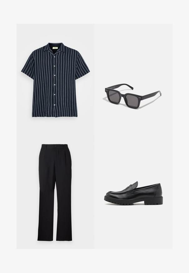 Camisa de manga corta, con botones, en azul marino oscuro con rayas blancas verticales. Tejido suave, cuello regular y sutil acabado texturizado.; Only & Sons ONSJEREMY LOOSE PANT - Pantalones - black; Mocasines de cuero negro con punta redondeada, diseño sin cordones y suela de goma gruesa con agarre texturizado. Tacón elevado y detalles de costura sutiles.; Gafas de sol rectangulares negras con lentes oscuros, que presentan un marco grueso, acentos sutiles en los lados y sin logotipos visibles más allá del nombre de la marca.; Reloj de pulsera de cuarzo Casio con una carátula negra, correa de acero inoxidable plateada, grandes números en blanco y rojo, y con una resistencia al agua de hasta 200 metros.