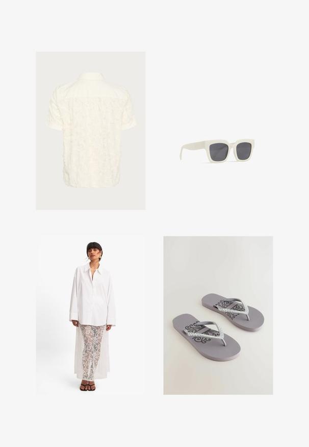 Koszula krótki rękaw w kolorze off-white, z teksturowanym, postrzępionym wzorem na plecach, z klasycznym kołnierzykiem i zapięciem na guziki.; Biała koszula z długim rękawem, połączona z przezroczystymi białymi koronkowymi spodniami z kwiatowym wzorem oraz długim tylnym przeciągiem. Czarne sandały.; Szare klapki z teksturowaną wkładką, z ozdobnym czarnym wzorem i strapami w kształcie litery V z akcentami w postaci lśniących cyrkonii.; Białe plastikowe okulary przeciwsłoneczne z szarymi soczewkami. Kształt kwadratowej ramki. Zawierają subtelne logo na zauszniku. Gładka faktura z matowym wykończeniem.
