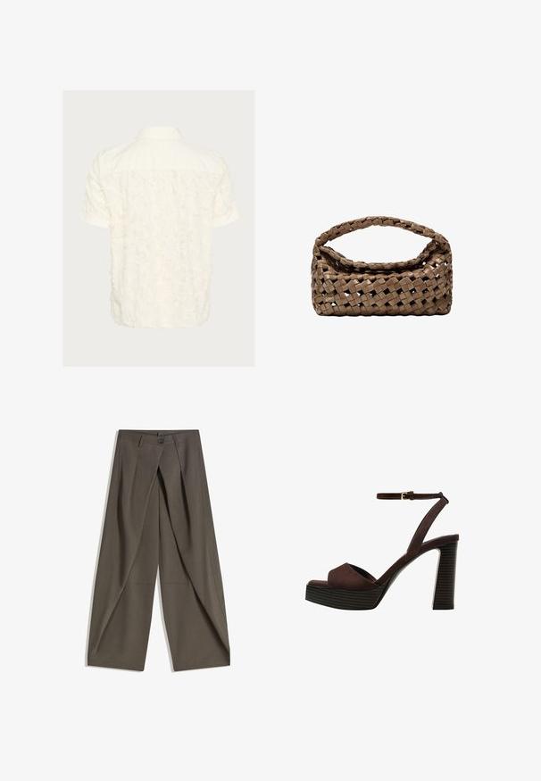 Kurzarmhemd in Off-White mit einem strukturierten, ausgefransten Muster auf der Rückseite, klassischem Kragen und Knopfverschluss.; Weite Hosen aus einem strukturierten, dunkelgrauen Stoff. Mit einer vorderen Faltenlegung, Knopfverschluss und praktischen Seitentaschen ausgestattet.; Braune Wildleder-Pumps mit offenem Zeh, verstellbarem Knöchelriemen und gestreiftem Plateausohlen.; Geflochtener brauner Handtasche in rechteckiger Form, mit strukturiertem Griff und texturierter Oberfläche. Verfügt über einen geschlossenen oberen Teil und ein ausgeklügeltes Geflechtmuster.