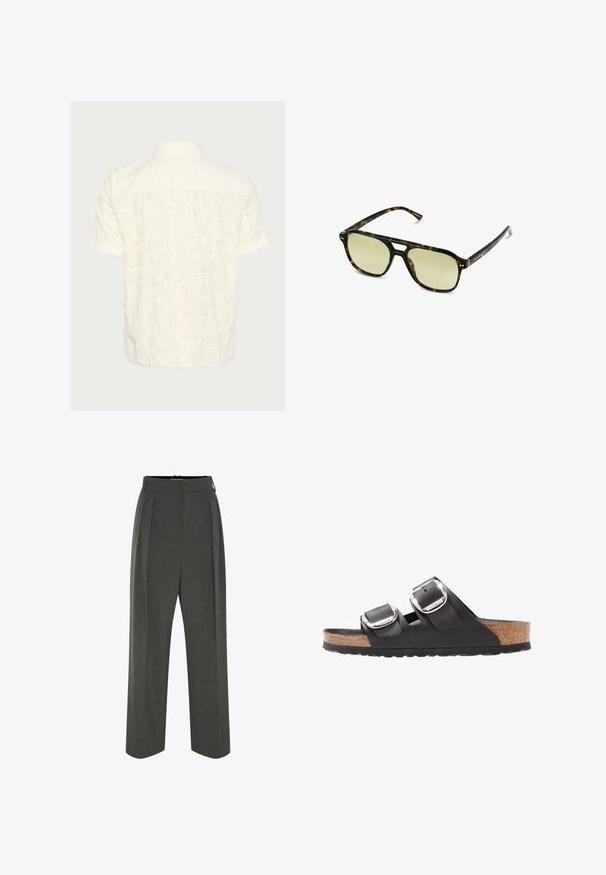 Kurzarmhemd in Off-White mit einem strukturierten, ausgefransten Muster auf der Rückseite, klassischem Kragen und Knopfverschluss.; Graue Hose mit weitem Bein aus strukturiertem Stoff, ausgestattet mit hoher Taille und vorderen Falten. Das Design beinhaltet einen glatten Bund und keine sichtbaren Verschlüsse.; Schwarze Sandale mit zwei verstellbaren Riemen, silbernen Schnallen und einem Korkfußbett auf einer strukturierten schwarzen Gummisohle.; Schildkrötensonnenbrille mit rechteckiger Form, grün getönten Gläsern und gemusterten Acetatrahmen. Verfügt über metalliche Akzente in der Nähe der Gläser.