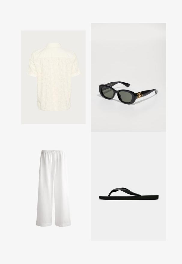 Kratka majica s kratkimi rokavi v off-white barvi, z teksturiranjem in raztrganim vzorcem na hrbtni strani, klasičnim ovratnikom in z gumbom za zapiranje.; Bela lanena široka hlače z elastičnim pasom, vrvico in ohlapnim, tekočim dizajnom, ki ima čiste robove in brez vidnih vzorcev.; Črne gumijaste japonke s teksturirano thong naramnico in preprostim ravnim podplatom, prikazane s strani na enobarvni svetli podlagi.; Črne plastične sončna očala s zelenimi lečami, ovalne oblike in z zlatim logotipom na tempeljih. Gladka tekstura in sijoča površina.; Kvatirana črna torba z dvema ročajema, ki ima belo logo New York Yankees in majhen emblem blagovne znamke na strani.