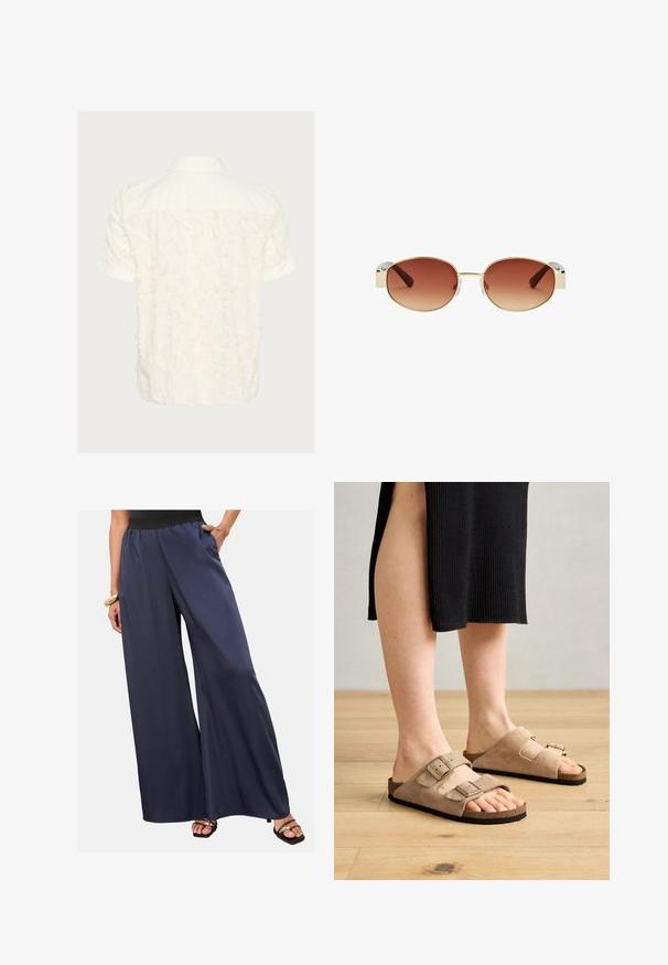 Kurzarmhemd in Off-White mit einem strukturierten, ausgefransten Muster auf der Rückseite, klassischem Kragen und Knopfverschluss.; Frau trägt navyfarbene, weite Hosen mit schwarzem elastischem Bund, steht mit einer Hand in der Tasche und trägt schwarze offene Sandalen.; Beige Wildleder-Sandalen mit zwei verstellbaren Riemen, Korkfußbett und Gummisohlen, die an Füßen vor einem Holzfu Hintergrund präsentiert werden.; Runde Sonnenbrillen mit einem goldenen Metallrahmen, braunen Verlaufsgläsern, klaren Kunststoffakzenten an den Seiten und braun gemusterten Bügeln.; Braune Stoffschultertasche mit einem breiten, runden Körper und einem großen Ausschnittgriff. Sanfte Textur, minimalistisches Design und keine sichtbaren Beschläge.; Goldene Kettenhalskette mit miteinander verbundenen Gliedern und einem polierten Herzanhänger mit Druckverschluss. Glatte Oberfläche und glänzende Ausführung.