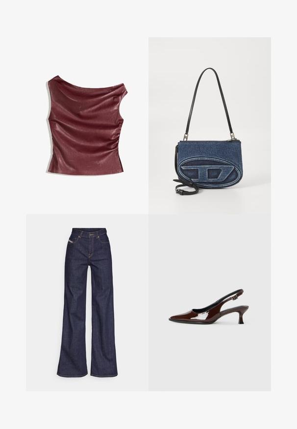 Bordó műbőr felső, drapírozott elejével, aszimmetrikus nyakkivágással és ráncolt oldaltervezéssel. Sima textúra, testhezálló szabás.; Sötétkék, bő szárú farmernadrág, magas derékkal, narancssárga varrással, öt zsebes kialakítással és gombos zárással.; Barna lakkbőr slingback cipő hegyes orral és mérsékelt sarkal. Biztonságos illeszkedést biztosító csattal rendelkezik. Sima textúra.; Farmer anyagú keresztpántos táska fekete bőrszíjjal, ovális logóval az elején és cipzáros záródással a tetején. Texturált felület.