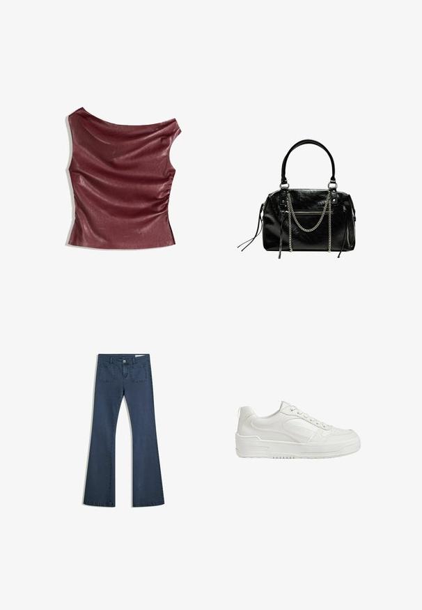 Burgundské top z faux kože s drapovným predným dielom, asymetrickým výstrihom a zberaným bočným detailom. Hladká textúra, priliehavá silueta.; Tmavomodré zvonové džínsy s prešitými vreckami, zapínaním na gombík a hladkou textúrou. Obsahujú klasický dizajn s piatimi vreckami.; Biele kožené tenisky s hladkým povrchom, polstrovaným členkom a perforovanou špičkou. Majú mierne zvýšenú gumovú podrážku a šnurovací dizajn.; Bershka WITH CHAIN - Kabelka - black