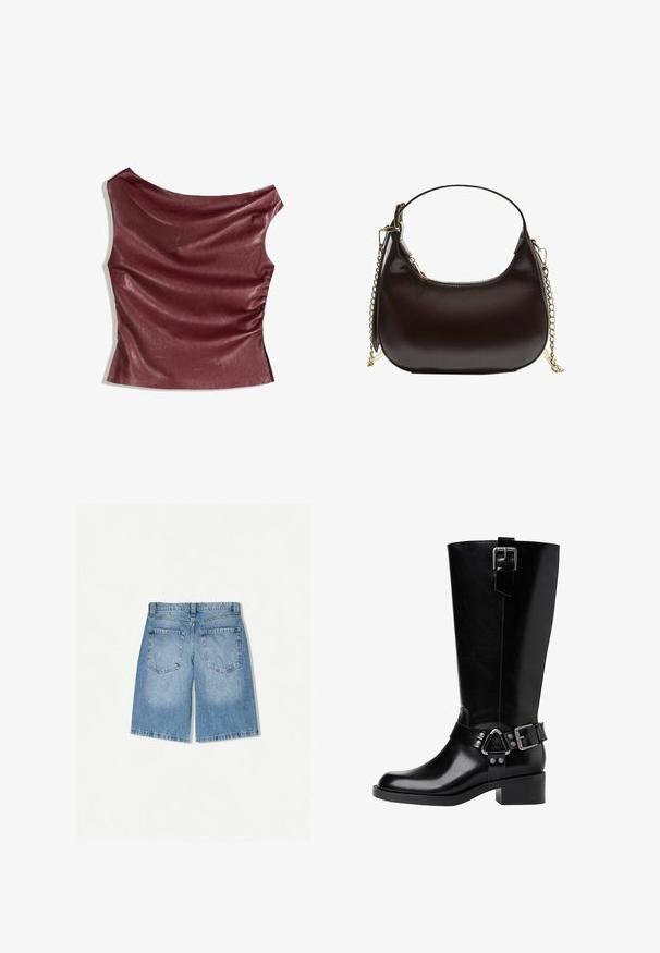 Top in finta pelle color bordeaux con parte anteriore drappeggiata, scollatura asimmetrica e dettaglio arricciato sul lato. Texture liscia, silhouette aderente.; Shorts in denim chiaro con una vestibilità rilassata. Presentano due tasche posteriori e un design a gamba dritta. Texture liscia con una leggera scoloritura.; Stivale in pelle nera fino al ginocchio con punta arrotondata, tacco spesso, cinturino regolabile con accessori in metallo e finitura lucida.; Borsa a tracolla in pelle nera con silhouette curva, dotata di una tracolla in catena dorata e una finitura liscia e lucida.