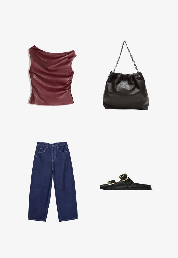 Burgundijska majica od umjetne kože s drapiranim prednjim dijelom, asimetričnom izrezom i nabranim detaljem sa strane. Glatka tekstura, uski silueta.; Tamno plava traperica širokog kroja s visokim strukom, pet džepova i kontrastnim bijelim šavovima. Glatka tekstura, klasičan dizajn.; Crne sandale na klizanje s dva zlatna akcenta u obliku kopči, glatkog teksturiranog materijala, ravnim potplatom i minimalističkim dizajnom.; Smeđa kožna torba s naboranim vrhom i lančićem za nošenje. Glatka tekstura s sjajnim završetkom i suptilnim šavnim detaljima sa strane.