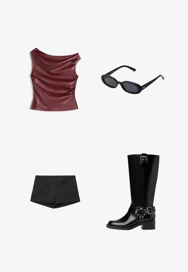 Burgunderfarbener Kunstleder-Oberteil mit drapiertem Vorderteil, asymmetrischem Ausschnitt und gerafftem Seitendetail. Glatte Textur, figurnahes Design.; Schwarze Shorts aus strukturiertem Stoff, mit hohem Bund und figurbetontem Schnitt mit Vordernähten. Keine Taschen oder Verschlüsse sichtbar.; Schwarze kniehohe Lederstiefel mit runder Zehenform, einem massiven Absatz, verstellbarem Riemen mit Hardware-Akzenten und einem glänzenden Finish.; Schwarze, oversized Sonnenbrillen mit ovalen Gläsern, glattem Kunststoffrahmen und goldenen Akzenten an den Bügeln. Die dunklen Gläser bieten Sonnenschutz.; Schwarze Leder-Umhängetasche mit einer geschwungenen Silhouette, ausgestattet mit einem goldenen Kettenriemen und einer glatten, glänzenden Oberfläche.