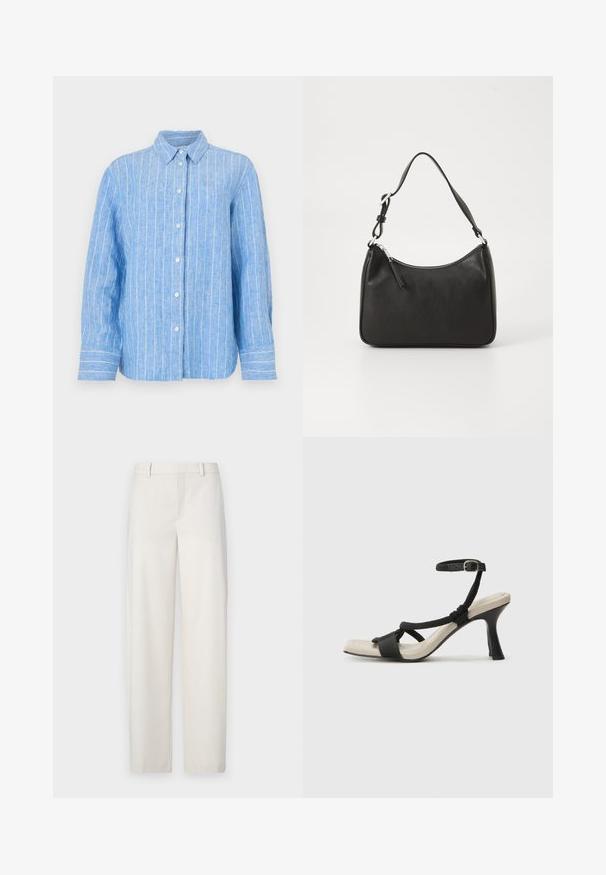 Světle modrá lněná košile s bílými vertikálními pruhy, dlouhými rukávy, zapínáním na knoflíky vpředu a klasickým límcem. Texturovaná tkanina s volným střihem.; Světlobéžové kalhoty vyrobené z hladké látky, s rovnýcm střihem, plochým předním dílem, páskovými smyčkami a bočními kapsami.; Černé sandály na podpatku s pleteným designem pásku, čtveratou špičkou a nastavitelným páskem kolem kotníku. Světle béžová stélka s lesklým černým podpatkem.; Černá kožená kabelka s zakřiveným tvarem, s jedním popruhem, zipovým uzávěrem a decentním logem na přední straně. Hladká textura, minimalistický design.