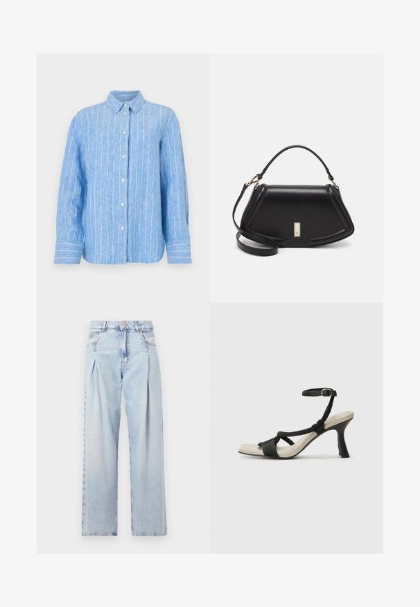 Vaaleansininen pellavapaita, jossa valkoiset pystysuorat raidat, pitkät hihat, napitettavat etuosat ja klassinen kaulus. Rakenteellinen kangas, rento istuvuus.; Vaaleansiniset farkut, joissa on korkea vyötärö, leveälahkeinen leikkaus, kaksi sivutaskua ja pleatattu muotoilu. Pehmeä rakenne, jossa on haalistunut viimeistely.; Mustat korkokengät, joissa on punottuolkaiminen design, neliömäinen kärki ja säädettävä nilkkahihna. Vaaleanbeige jalkapohja ja kiiltävä musta korko.; Mustalla nahkalaukulla, jossa on jämäkkä muotoilu, lyhyt malli, yläkahva ja kultaiset yksityiskohdat. Säädettävä olkahihna sisältyy.