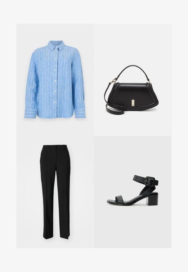 Light blue linen shirt with white vertical stripes, long sleeves, button-up front, and a classic collar. Textured fabric with a relaxed fit.; Black tailored trousers with a straight-leg design, featuring a smooth texture and crisp creases along the front. No visible hardware.; Black leather heeled sandal with adjustable ankle strap, open toe design, and a square block heel. Smooth texture, minimalistic style.; Black leather handbag with a structured design, featuring a cropped shape, top handle, and gold hardware accent. Adjustable shoulder strap included.