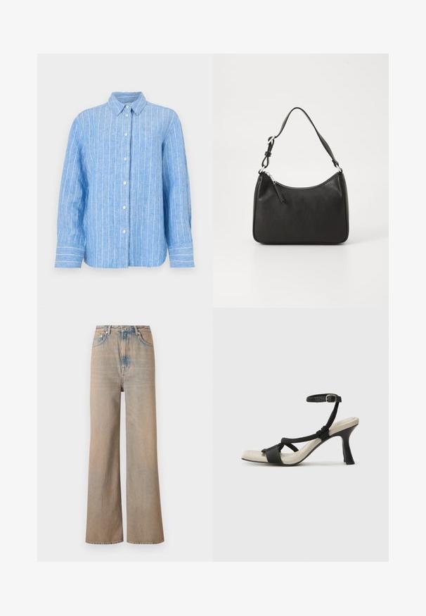 Lys blå lin skjorte med hvite vertikale striper, lange ermer, knappestolpe foran og klassisk krage. Teksturert stoff med en avslappet passform.; Lysvaskede, vide ben jeans med høj talje, lavet af denim. Har diskret syninger og fem lommer, med en let falmet tekstur.; Sorte helårs sandaler med flettet stroppesdesign, firkantet tå og justerbar ankelrem. Lys beige fotseng med glanset svart hæl.; Svart lærveske med en buet form, en enkelt stropp, glidelåslukking og subtil merkevarebygging på forsiden. Glatt tekstur, minimalistisk design.