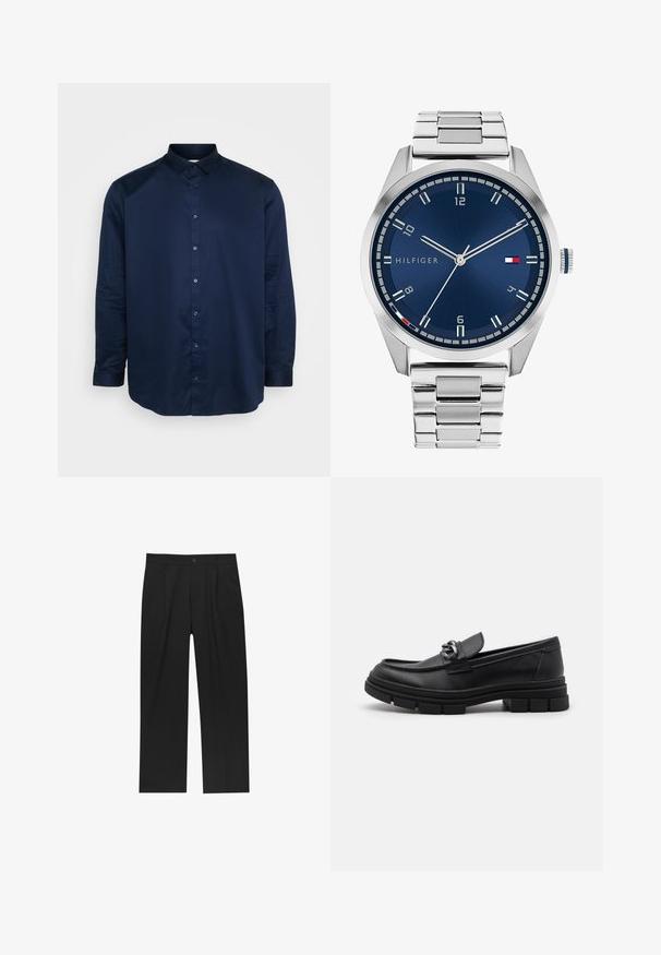 Navy blue button-up shirt made of smooth fabric, featuring a classic collar, long sleeves, and front button placket with matching buttons.; Black pants with a straight-leg design, made from a smooth fabric. Features front pleats and a single button closure at the waist.; Black leather loafer with a rounded toe, a decorative strap and hardware, and a chunky textured sole. Smooth finish with subtle detailing.; Silver metal watch with a brushed blue dial, white hour markers, and a date display. Features a linked metallic band and brand logo.; Silver chain necklace featuring thick links and a central circular pendant with intricate detailing. Smooth, reflective metal surface.