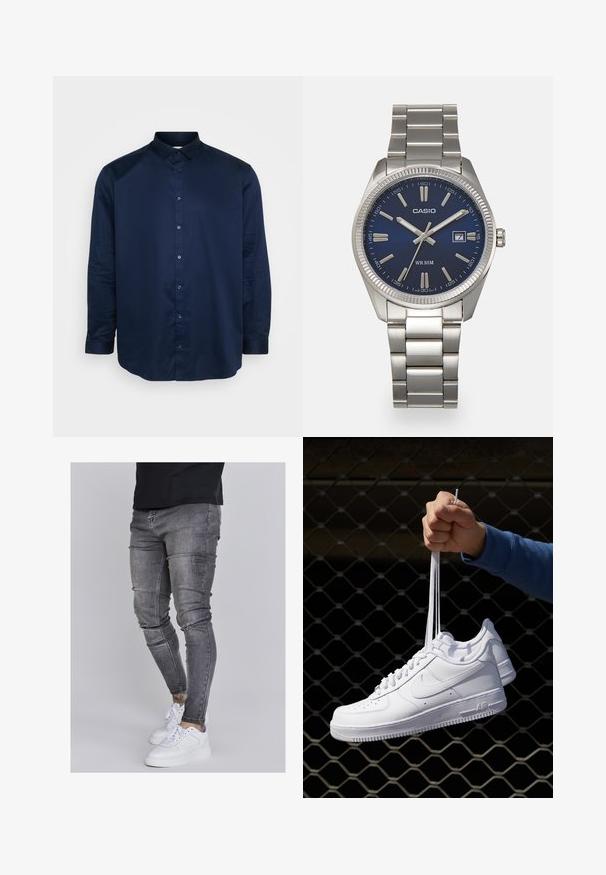 Tamsiai mėlyna mygtukinė marškiniai, pagaminti iš lygaus audinio, su klasikinio estilo apykakle, ilgomis rankovėmis ir priekyje esančia mygtukų juosta su atitinkamais mygtukais.; Lieknos džinsai iš išbluko pilkos džinsinės medžiagos, su pažeidimais keliuose, derinami su baltais sportiniais batais. Lygi tekstūra, siauras siluetas.; Balti odiniai sportiniai bateliai su perforacijomis, apvalia nosimi, plokščiu padu ir storomis raištelėmis, su matomu swoosh logotipu ir "AIR" ant kulno.; Sidabrinis nerūdijančio plieno laikrodis su tamsiai mėlynu ciferblatu, metaliniais valandų žymenimis ir datos langeliu 3 valandą. Atsparus vandeniui iki 50 metrų.
