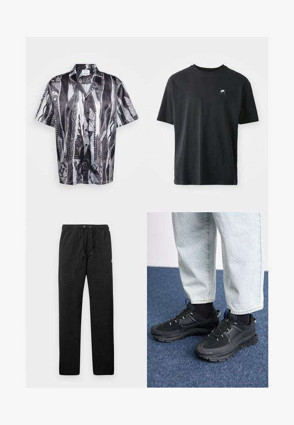 Korte ermers knapshirt i sort og hvid med et tekstureret slangebillede, der har en afslappet krave og en glat stofoverflade.; Svart bomull T-skjorte med korte ermer og rund hals, med et lite rektangulært logo med "NIKE AIR" i hvitt på venstre bryst.; Sorte joggebukser laget av fleece, med elastisk liv med snøring, to frontlommer og en liten logo på låret.; Svarte sportssko med teksturert stoff og gummisåler, med elastiske lisser og en blå detalj på hælen. Brukt med lyse denimbukser.