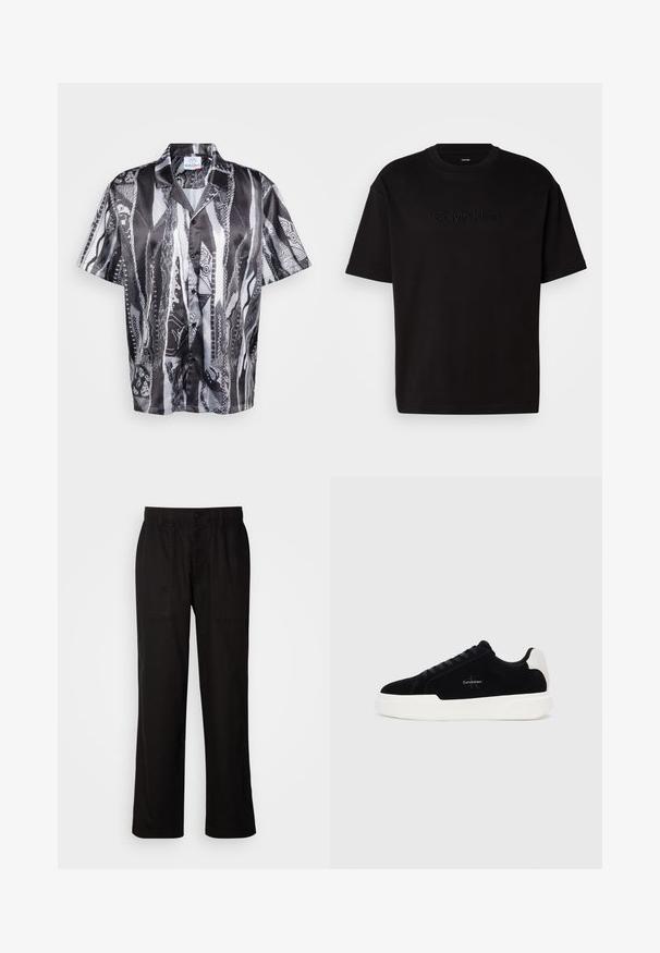 Kurzärmliges Hemd mit Knopfleiste in Schwarz und Weiß mit einem strukturierten Schlangenmuster, das einen lockeren Kragen und einen glatten Stofffinish aufweist.; Schwarzes Baumwoll-T-Shirt mit kurzen Ärmeln, das ein geprägtes "Calvin Klein"-Logo auf der Vorderseite, einen runden Ausschnitt und eine lässige Passform aufweist.; Schwarze Hose mit entspannter Passform, aus leichtem Stoff gefertigt. Verfügt über einen elastischen Bund, einen Knopfverschluss und zwei Fronttaschen.; Schwarze Low-Top-Sneaker mit weißer Sohle und Fersenkappe, Schnürung vorne und Calvin Klein-Logo an der Seite.