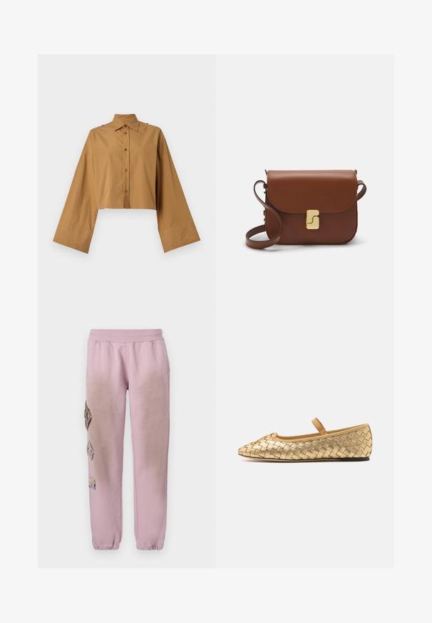 Cropped button-up shirt in tan cotton, featuring a pointed collar and wide sleeves with a smooth texture. Two buttons at shoulder accents.; Pink sweatpants with an elastic waistband, featuring decorative patches in diamond shapes on the left side and elastic cuffs at the ankles.; Loeffler Randall LEONIE SOFT BALLET FLAT - Ankle strap ballet pumps - gold; Brown leather handbag with a flap closure, gold-tone hardware, a shoulder strap, and a smooth texture. Compact rectangular shape.