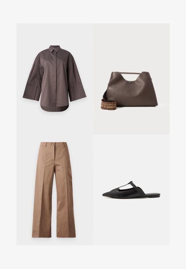 MM SAPORE - Button-down blouse - mud; White cropped long-sleeve shirt made of cotton. Features a button-up front, a chest pocket, and a small black logo on the bottom left.; Brown wide-leg trousers made from a smooth fabric, featuring a front button closure, two front pockets, and clean, tailored lines.; Black leather slingback shoe with a pointed toe, featuring a woven accent and pleated upper design. Flat sole with minimal hardware.; Brown leather handbag with a textured finish, angular design, and a distinctive top handle. Features a patterned woven strap detail.