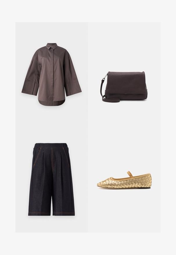 MM SAPORE - Košilová halenka  - mud; Tmavě šedé šortky vyrobené z měkké látky, s plisováním a oranžovými švy. Elastický pas pro pohodlí, délka ke kolenům.; Loeffler Randall LEONIE SOFT BALLET FLAT - Baleríny s páskem - gold; Tiger of Sweden LIMBIATE UNISEX - Taška s příčným popruhem - pure decadence