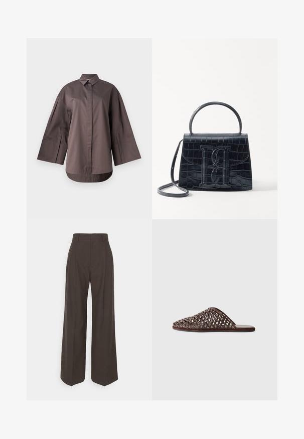 MM by MaxMara SAPORE - Nööpidega pluus - mud; Tumepruunid lai jalad püksid kõrge vöökohaga, millel on korralikult pressitud kortsud, sile tekstuur ja täpselt sobiv lõige.; Pruun kudumine slaidisandaal ümmarguse varbaga, avatud disainiga, lame tallaga ja tekstureeritud pinnaga. Kerge materjal ja minimalistlik siluett.; Must musta krokodillimustriga nahast käekott, millel on struktureeritud disain, ülemine käepide, reguleeritav rihm ja silmapaistev esiküljel logo detail.