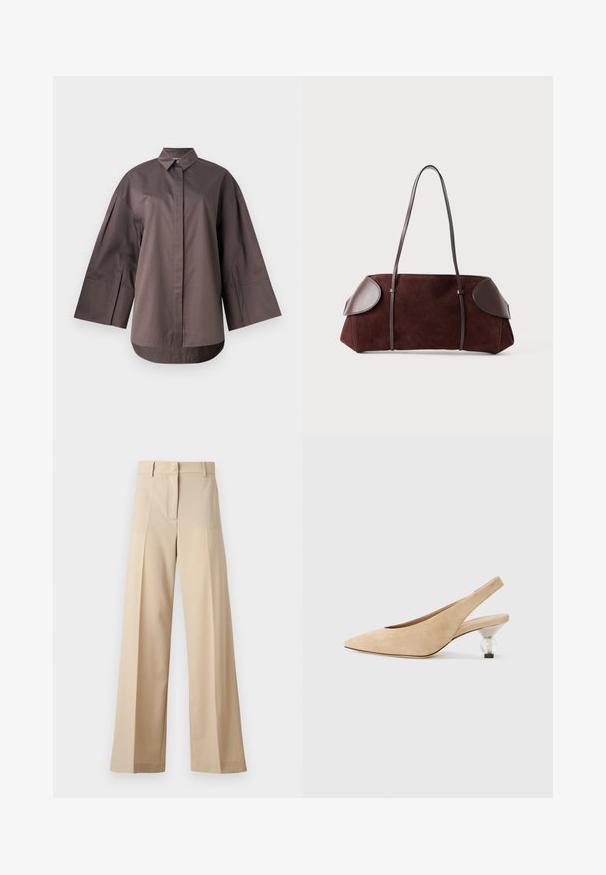 MM by MaxMara SAPORE - Hemdbluse - mud; Beige weite Hosen aus glattem Stoff, mit einem flachen Vorderteil mit Falten, einem Reißverschluss und Gürtelschlaufen. Insgesamt eine taillierte Passform.; Beige Wildleder Slingback-Schuh mit einer spitzen Zehenpartie und einem transparenten, runden Absatz. Glatte Textur und minimalistisches Design.; Braune Wildledertasche mit Lederakzenten, strukturiertem Design, doppelten Schulterriemen und abgerundeten Kanten, ausgestattet mit einer glatten Textur und minimalem Hardware.