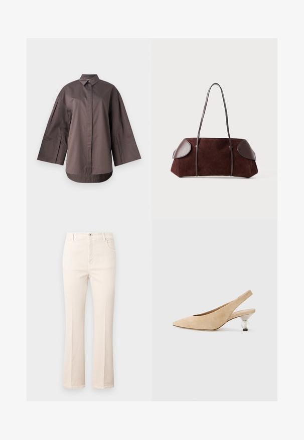 MM by MaxMara SAPORE - Button-down blouse - mud; Flared beige jeans made of cotton, featuring a high waist, five pockets, a button closure, and subtle stitching details.; Beige suede slingback shoe with a pointed toe and a transparent, rounded heel. Smooth texture and minimalist design.; Brown suede bag with leather accents, structured shape, dual shoulder straps, and rounded edges, featuring a smooth texture and minimal hardware.