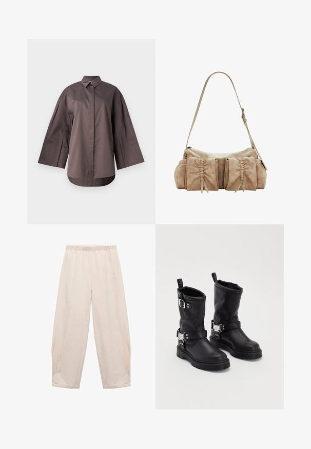 MM SAPORE - Button-down blouse - mud; Elastic waistband pants in light beige. Made from soft fabric with side pockets and a relaxed, loose fit. Tapered at the ankle.; Black leather ankle boots with a sturdy sole, featuring a side buckle strap and decorative hardware. Smooth texture with a pull tab.; Beige suede handbag with a rounded shape, featuring three gathered pockets on the front and a single adjustable strap.