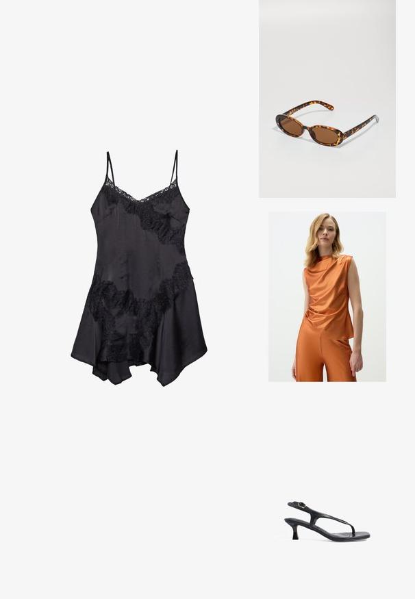Satin-orange Top mit drapiertem Design, ärmellosem Schnitt und asymmetrischem Ausschnitt, kombiniert mit passenden hochgeschnittenen Hosen.; Schwarzes Satin-Nachthemd mit Spitzenrand, verstellbaren Spaghetti-Trägern und ausgestelltem Saum, weicher Textur und dekorativen Rüschendetails.; Schwarze Ledersandale mit schlankem Design, dünnen Riemen und einem kleinen Absatz. Verfügt über eine Schnallenakzent und eine glatt strukturierten Fußbett.; Schildpatt-Sonnenbrille mit ovalen Rahmen, braunen Gläsern und schlanken schwarzen Bügeln mit subtilen Musterakzenten.; Schwarze, strukturierte Tragetasche mit kurzen Griffen, ausgestattet mit einem goldenen Verschluss und Akzenten. Das Design ist strukturiert und weist eine geometrische Silhouette auf.