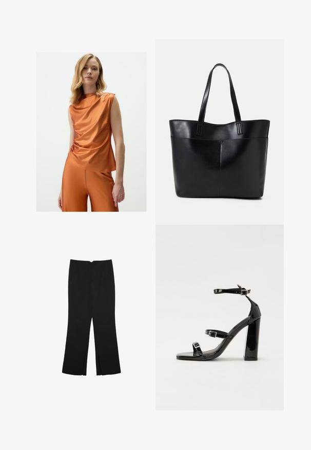 Satin oranje top met een gedrapeerd ontwerp, mouwloos en met een asymmetrische halslijn, gecombineerd met bijpassende high-waisted broek.; Zwarte broek met een rechte pasvorm, voorzien van zijzakken en plooien aan de onderzijde. Gemaakt van zachte, gladde stof. Geschikt voor verschillende gelegenheden.; Zwarte gepatenteerde sandalen met hak en een vierkante neus, enkelbandjes en zilveren gespen. Heeft een stevige blokhak voor stabiliteit.; Zwarte leren tote bag met twee lange handvatten, een zachte textuur en een gestructureerde vorm. Voorzien van een voorvak voor extra opslagruimte.