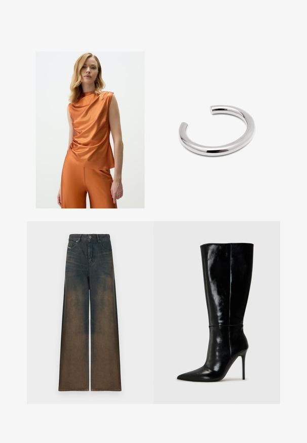 Haut en satin orange avec un design drapé, sans manches et un décolleté asymétrique, associé à un pantalon taille haute assorti.; Jean large en denim foncé, présentant un dégradé du foncé au clair en marron, avec un design classique à cinq poches et une fermeture à bouton en métal.; Bottes noires en cuir, hautes jusqu'au genou, avec un bout pointu et un talon aiguille haut. Texture lisse et design épuré, avec un minimum de détails.; Bracelet en argent en design lisse et arrondi. Présente une finition polie sans couture avec une extrémité ouverte pour un enfilage facile.
