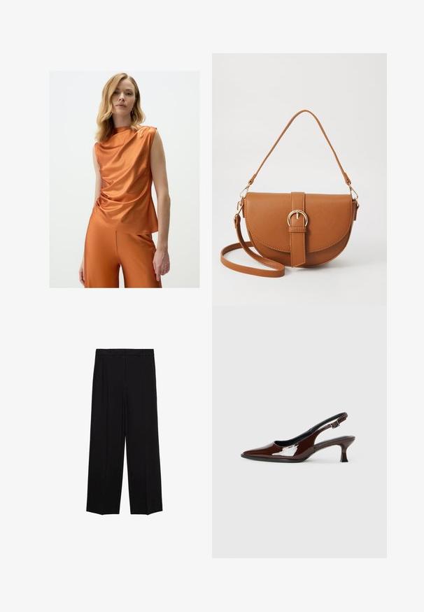 Satin-orange Top mit drapiertem Design, ärmellosem Schnitt und asymmetrischem Ausschnitt, kombiniert mit passenden hochgeschnittenen Hosen.; Schwarze weit geschnittene Hosen aus glattem Stoff, mit Falten an der Vorderseite und seitlichen Taschen, entworfen in einem geraden, lässigen Schnitt.; Braune Lackleder-Slingback-Schuhe mit spitzer Zehe und moderatem Absatz. Mit einem Schnallenriemen für einen sicheren Sitz. Glatte Textur.; Braune Leder-Crossbody-Tasche mit geschwungener Form, goldfarbenen Beschlägen und einer Schnallenakzentuierung. Verfügt über einen abnehmbaren Schultergurt.