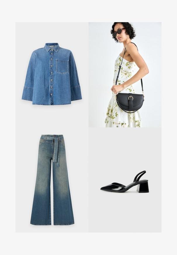 Jasnoniebieska koszula dżinsowa z wyłogowym kołnierzykiem, zapinana na guziki, z krótkimi rękawami. Zawiera dekoracyjne ćwieki wzdłuż kołnierza i kieszeni.; Szerokie spodnie dżinsowe z gradientem od jasnoniebieskiego do ciemnoniebieskiego, wysokim stanem, szlufkami na pasek oraz pasującym paskiem z tkaniny. Teksturowany wykończenie dżinsu.; Czarne lakierowane półbuty na obcasie z wydłużonym noskiem i geometrycznym słupkiem. Charakteryzują się eleganckim, minimalistycznym designem oraz gładką fakturą.; Czarna skórzana torebka o zakrzywionym kształcie, z odpinanym paskiem i złotymi akcentami. Torebka posiada klapę z zapięciem w kształcie klamry.