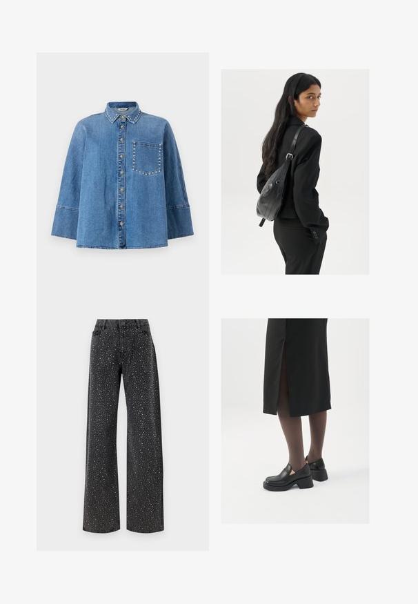 Denim shirt in light blue with a pointed collar, button front, and short sleeves. Features decorative studs along the collar and pocket.; Noisy May NMJANNEL LOOSE - Relaxed fit jeans - black denim; Black leather shoes with a rounded toe, thick block heel, and elastic side accents, paired with dark tights and a black skirt with a slit.; Woman with long dark hair wearing a black suit, carrying a black leather shoulder bag, looking over her shoulder against a white background.; Silver hoop earrings with a minimalist design. Circular shape, smooth texture, and thin profile. Lightweight with a polished finish.