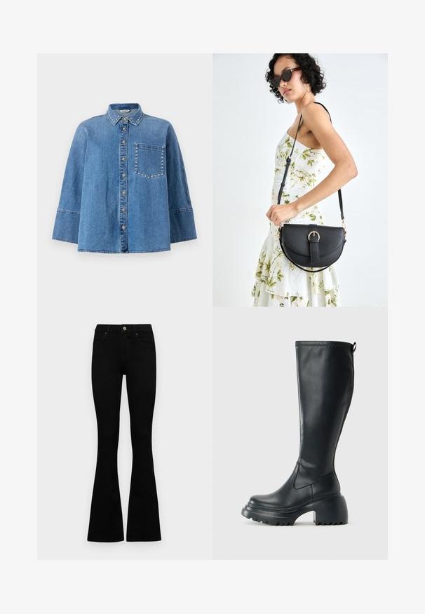 Heledsinine denim-särk terava kraega, nööpide ees ja lühikeste varrukatega. Krael ja taskul on dekoratiivsed nupud.; Mustad kõrge vöökohtadega teksad, millel on nööp ja lukuga sulgemine, esikäe taskud ja laienevad sääred, asetatud tasasele valgele taustale.; Kõrge must nahksaapad, millel on massiivne platvormi tald ja blokk-kand, varustatud tõmbenööriga ja tekstuuriga väljatõmbejääk.; Mustmust mustraha kõverate joontega, eemaldatava rihmaga ja kuldsete detailidega. Kotil on klapp, millel on pandladetail.