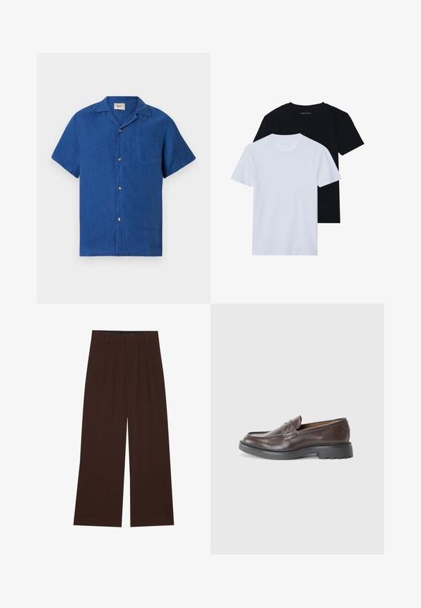 Korte mouwen blauwe knoopsluiting shirt met camp collar en borstzak, plat weergegeven op een witte achtergrond.; Twee korte mouwen crew neck t-shirts, één zwart en één wit, gemaakt van zacht katoen met een ribbelstructuur. Klassieke pasvorm.; Bruine wijde broek met plooien. Gemaakt van een gladde stof, met een op maat gemaakt tailleband en zijzakken. Rechte zoom aan de onderkant.; Bruine leren instappers met een gladde afwerking, ronde neus, minimale stiksels en een dikke zwarte rubberen zool. Geen zichtbare hardware of accenten.