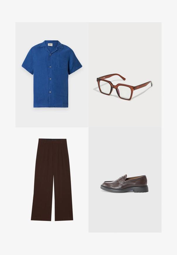 Camică albastră cu mâneci scurte, cu guler tip camp și buzunar pe piept, expusă plat pe un fundal alb.; Pantaloni maro, cu picioare largi, cu pliuri. Realizați dintr-un material neted, având o talie cusută și buzunare laterale. Tiv plat la baza.; Mocasini din piele maro cu un finisaj neted, vârful rotund, cusături minime și o talpă groasă din cauciuc negru. Fără accesorii sau detalii vizibile.; Ochelari rectangulare supradimensionate, maro, cu lentile clare și o nuanță ușoară de roz pe lentila din dreapta. Rame din plastic cu textură netedă.